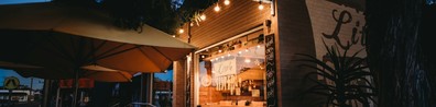 Cafe Entrance With Awning And Lights - Free LinkedIn Background Photo
